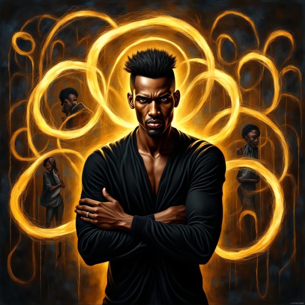 Expressionist Oil Painting of Man with Golden Light Trails