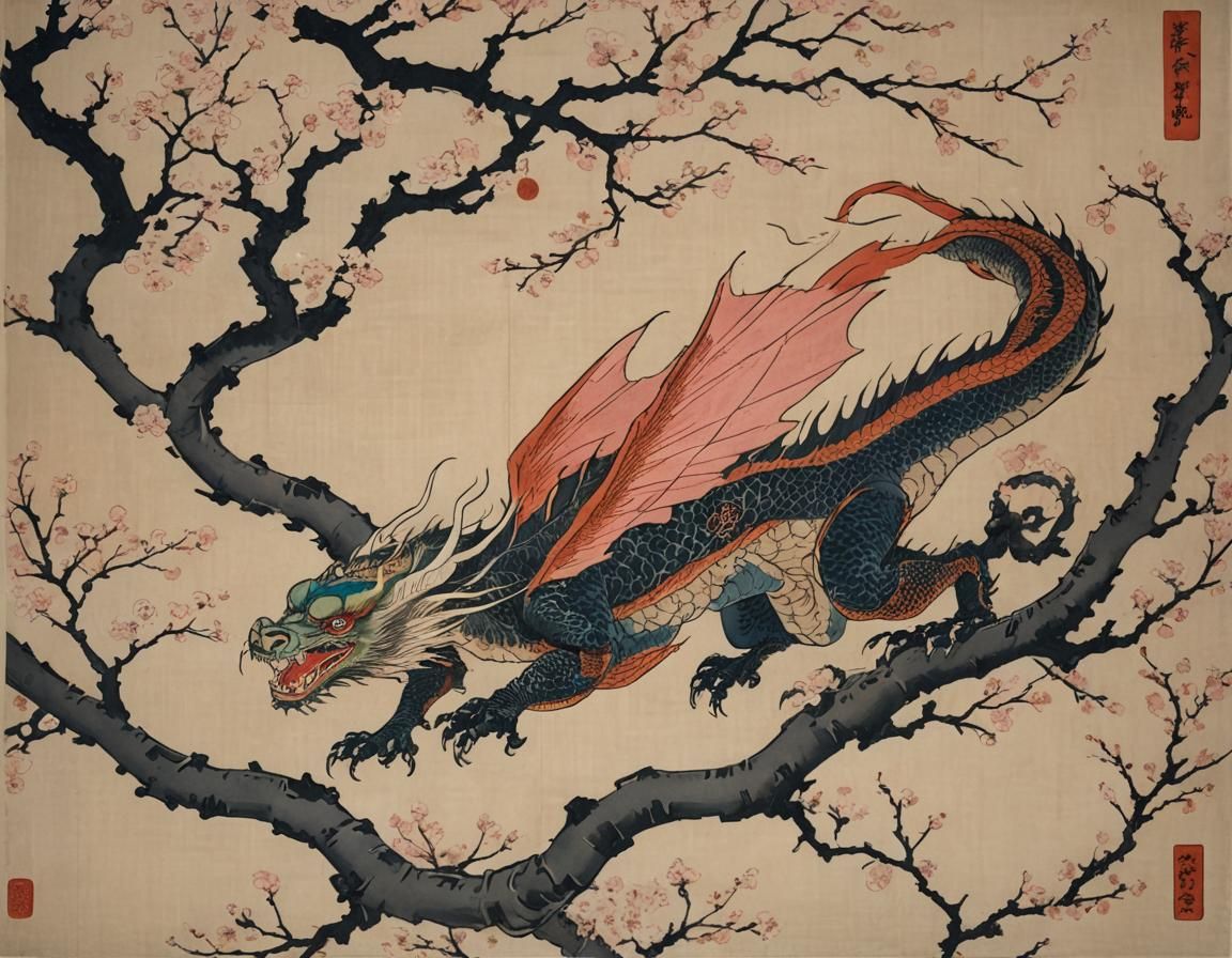 Ukiyo-e painting of a dragon flying near a sakura tree.