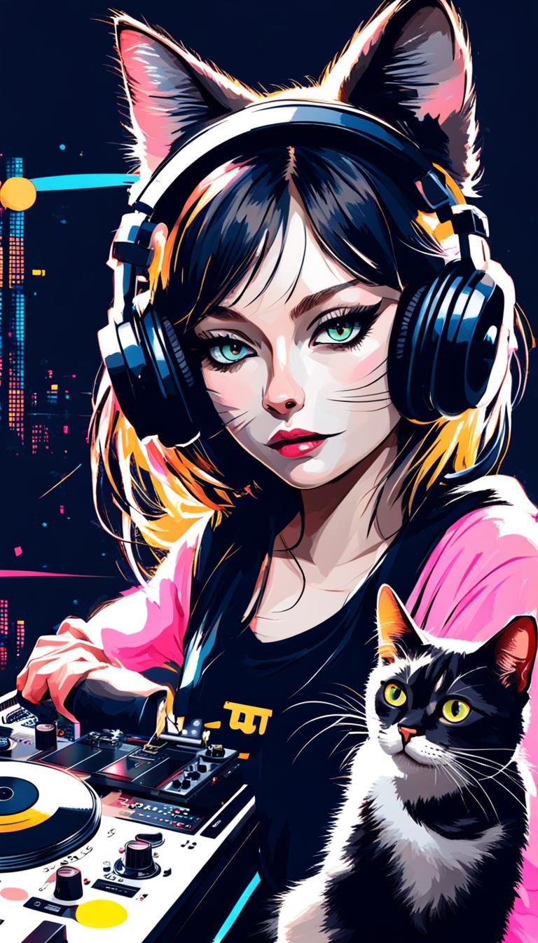 Girl DJ with Cat: A Musical Moment