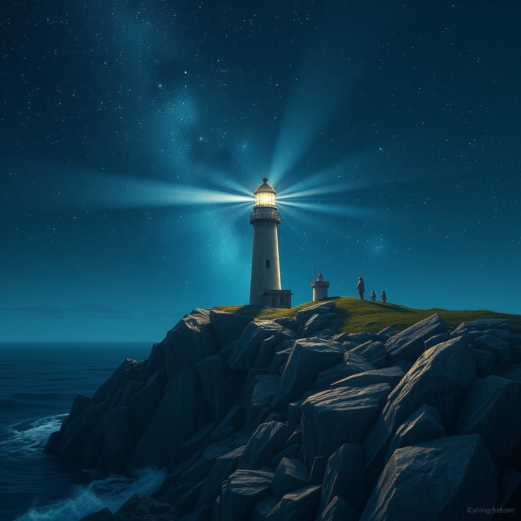 Celestial Lighthouse Guiding Ships on Summer Night