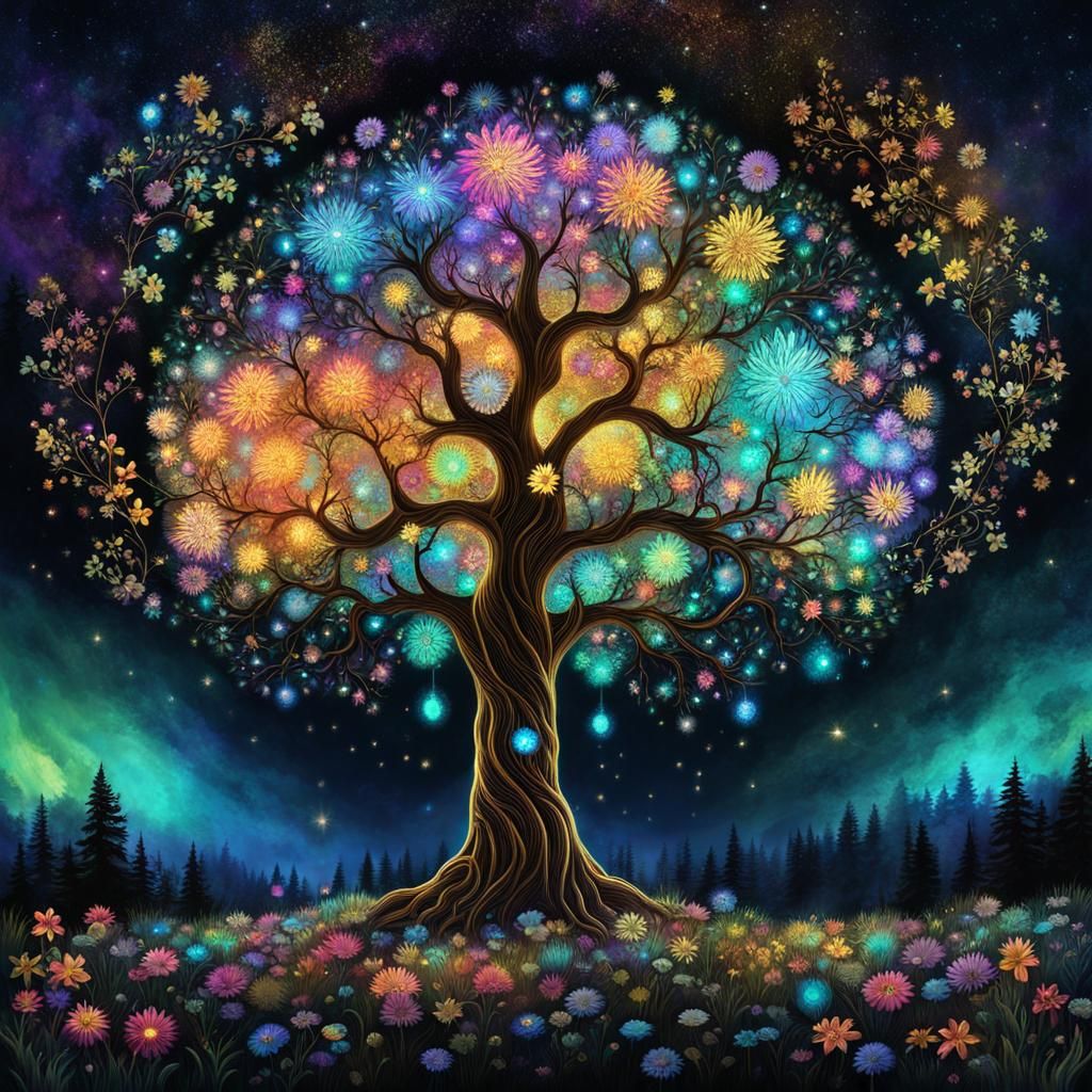 Bioluminescent Tree of Life with Wildflowers