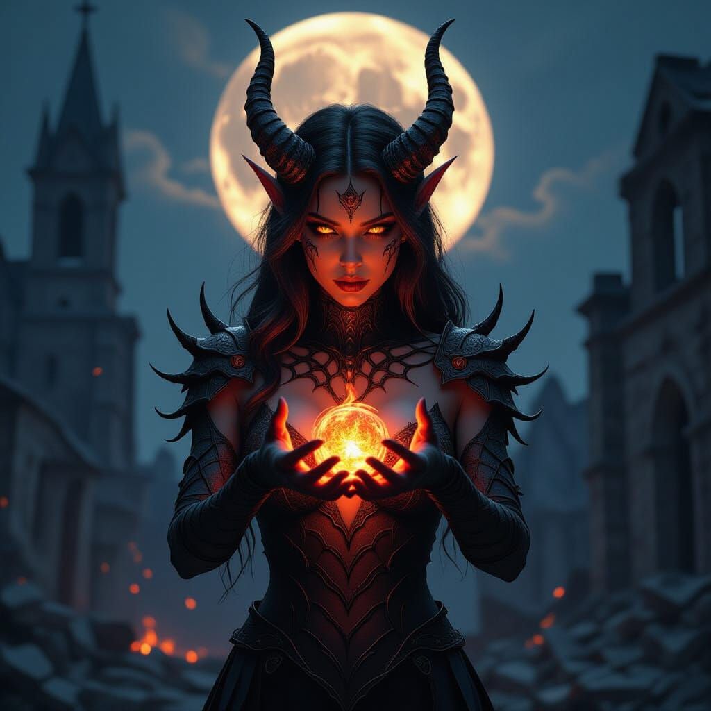 Demonic Female Figure with Horns and Fiery Eyes