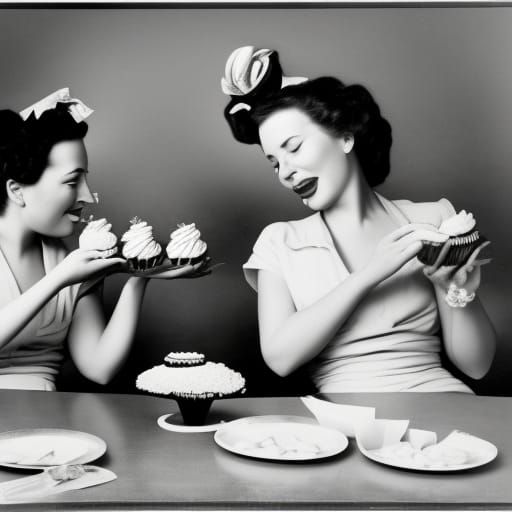 1950s Women Eating Cupcakes: Hyperrealistic Photo