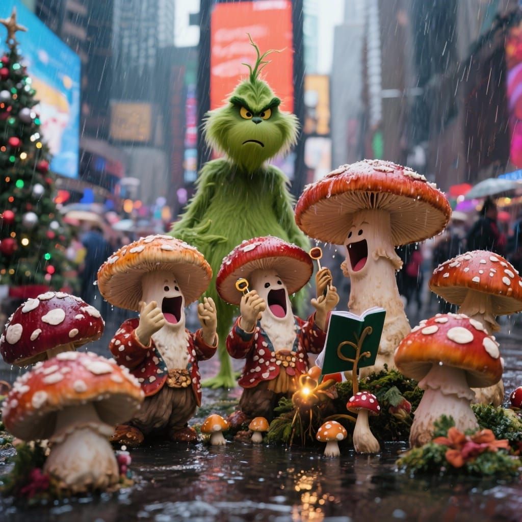 Singing Mushrooms in Times Square with Grinch