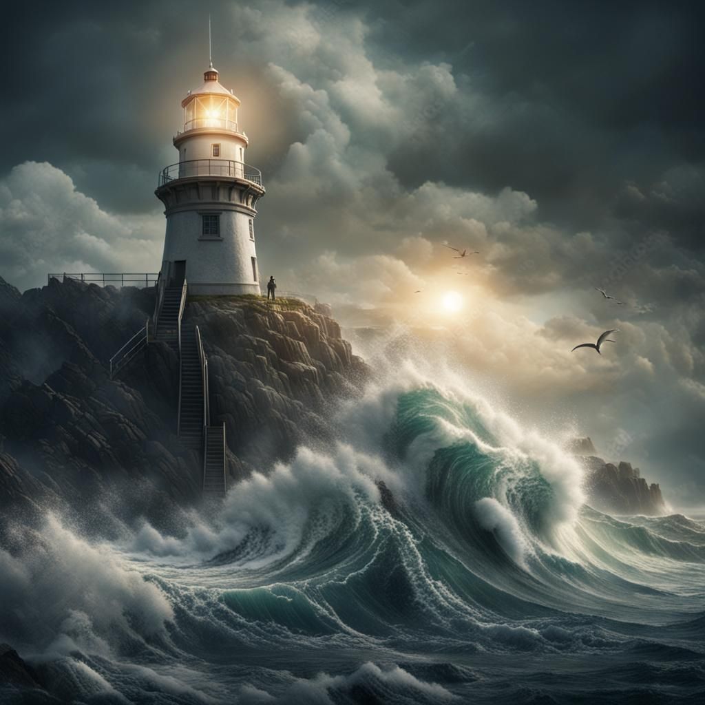 Dramatic Lighthouse Besieged by Storm Waves