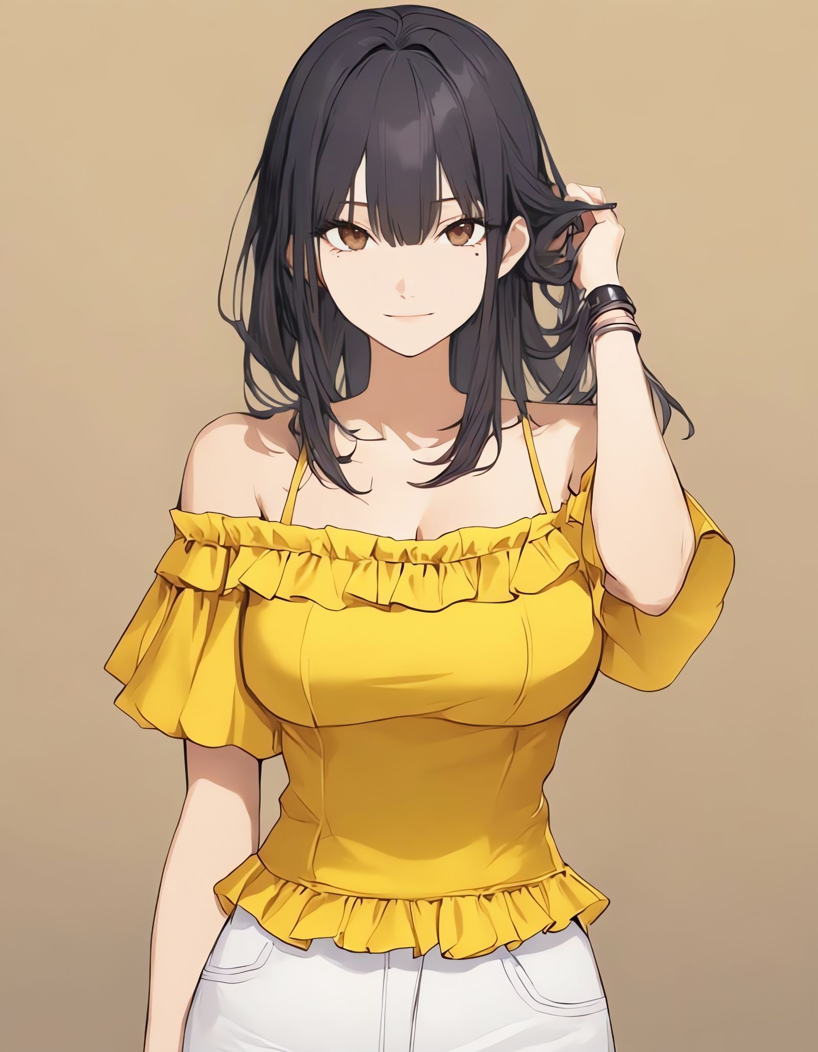 Girl with Black Hair in Yellow Frilled Shirt