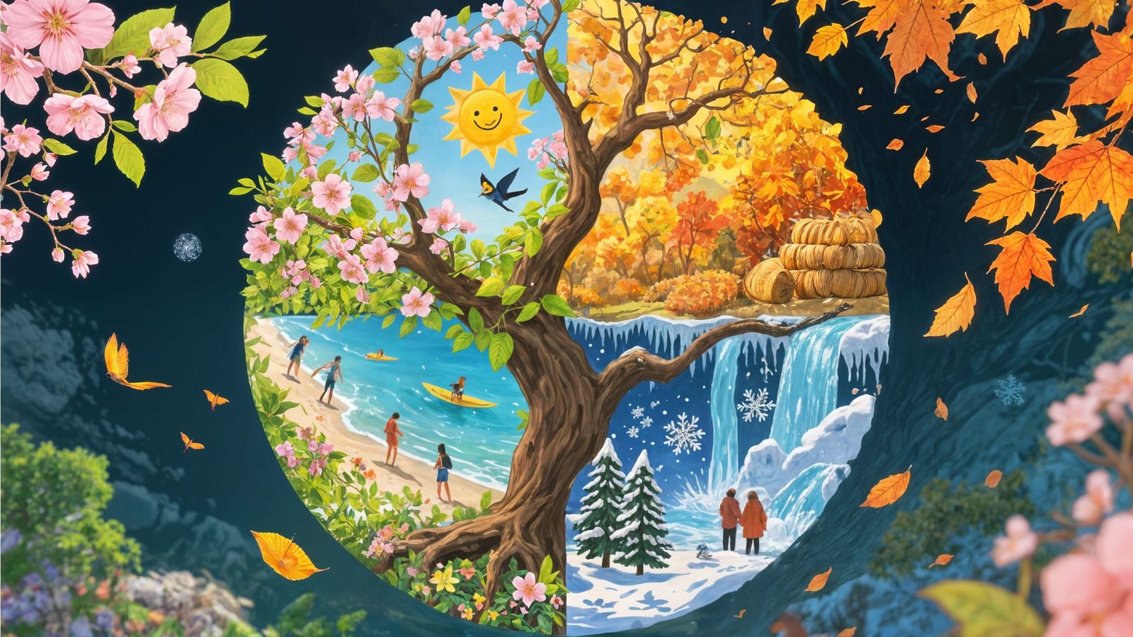 Four Seasons Tree: A Whimsical Circular Illustration
