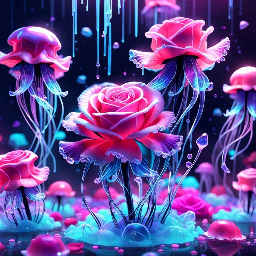 Neon Rose with Jellyfish in 3D Anime Style