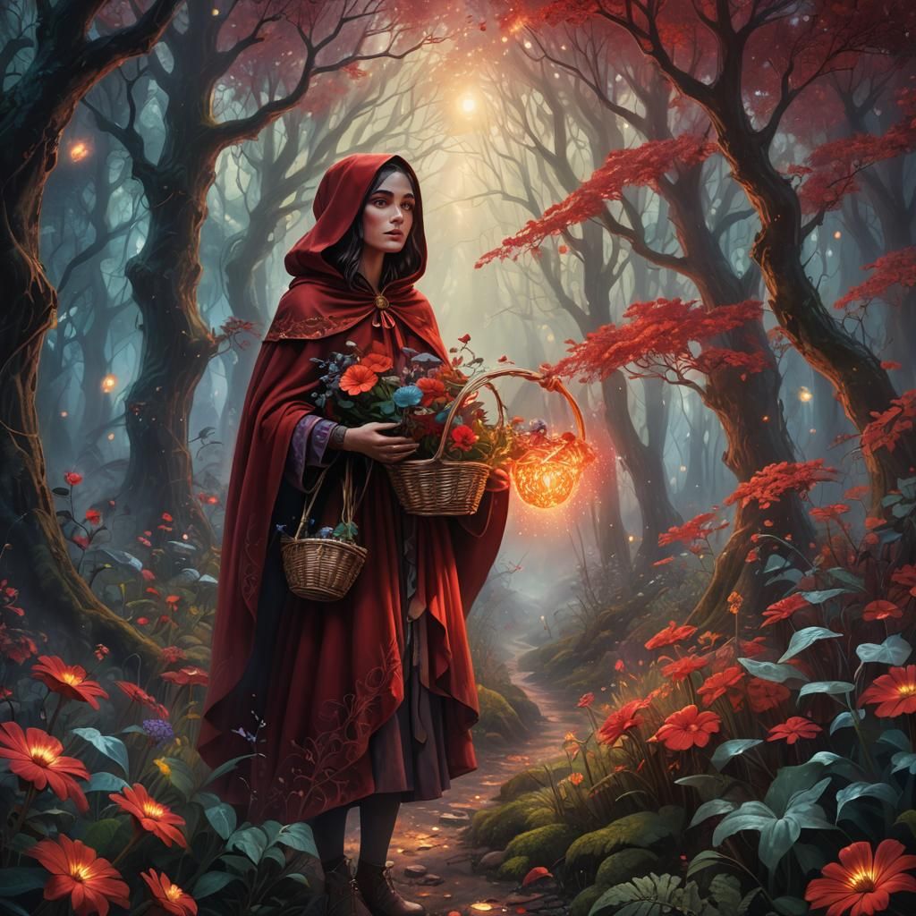 Enchanted Forest Girl in Red Cape: Cosmic Illustration