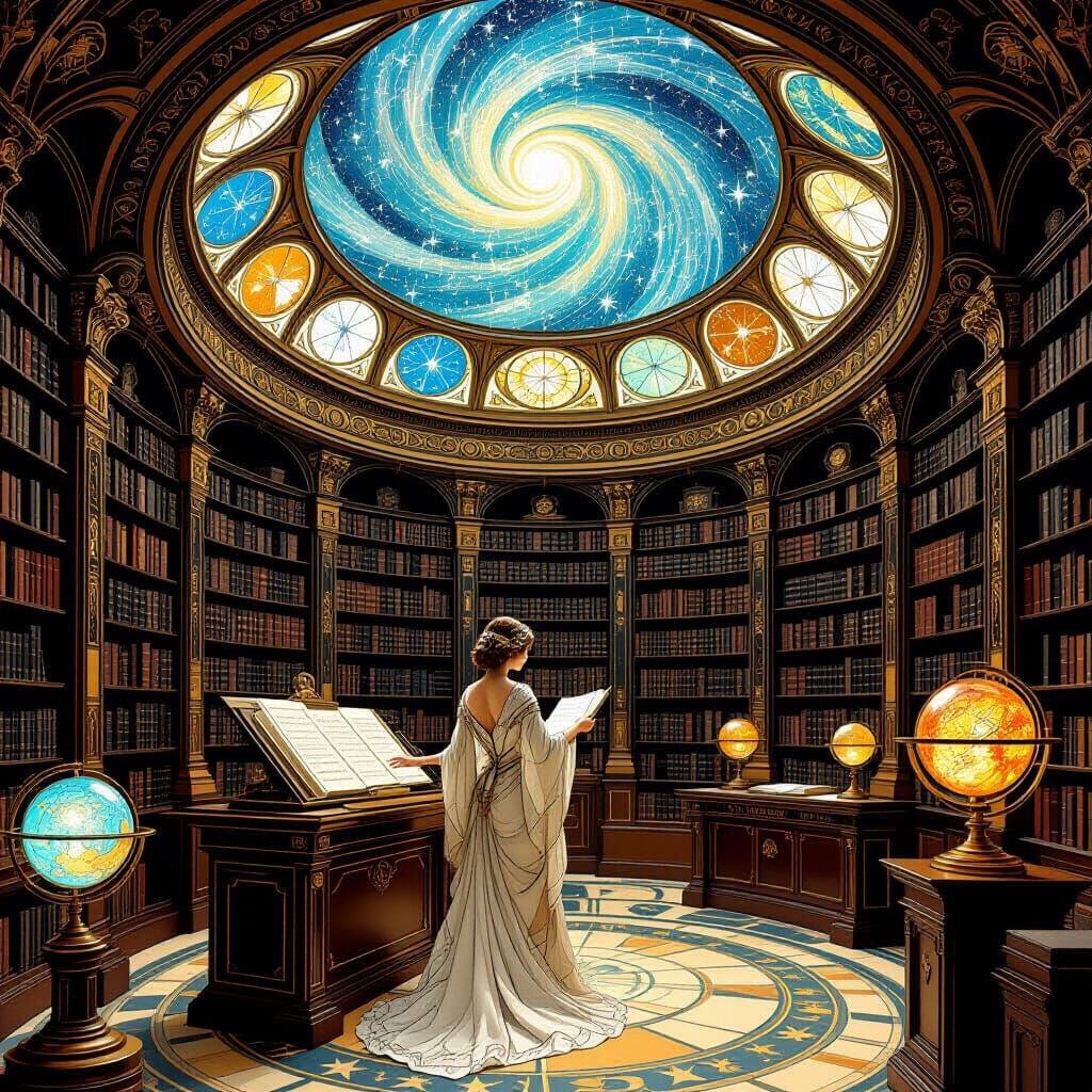 Celestial Cartographer in Art Nouveau Library