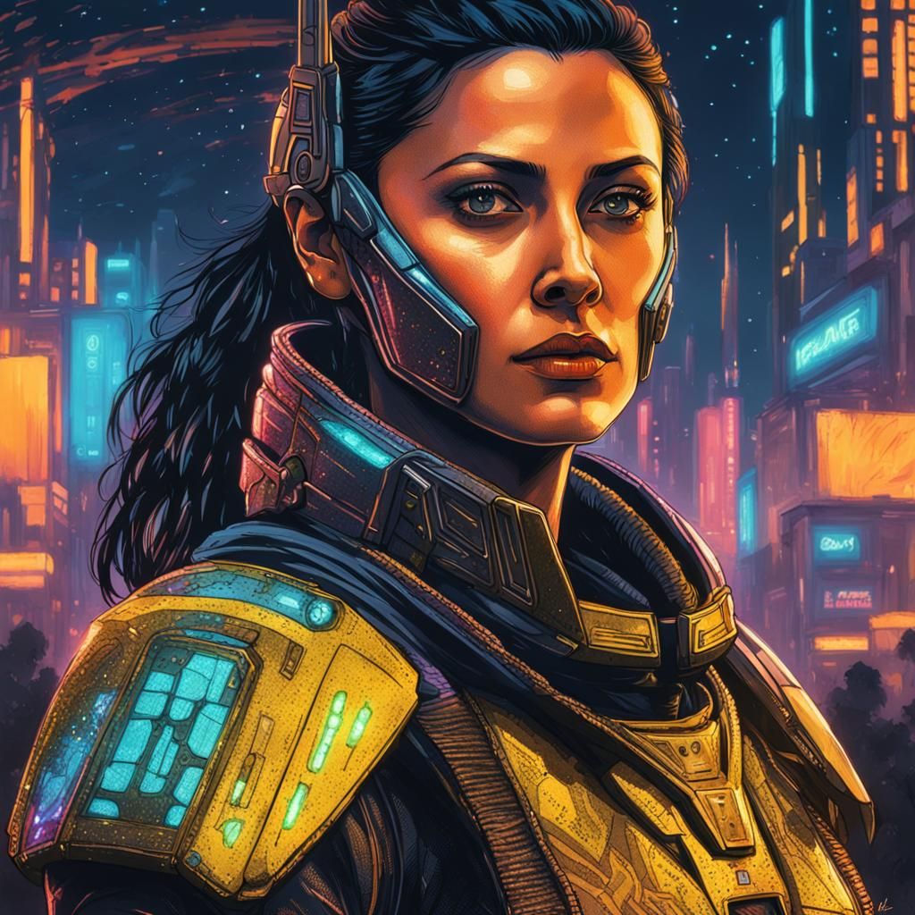 Woman in Mandalorian Armor, Cyberpunk Portrait