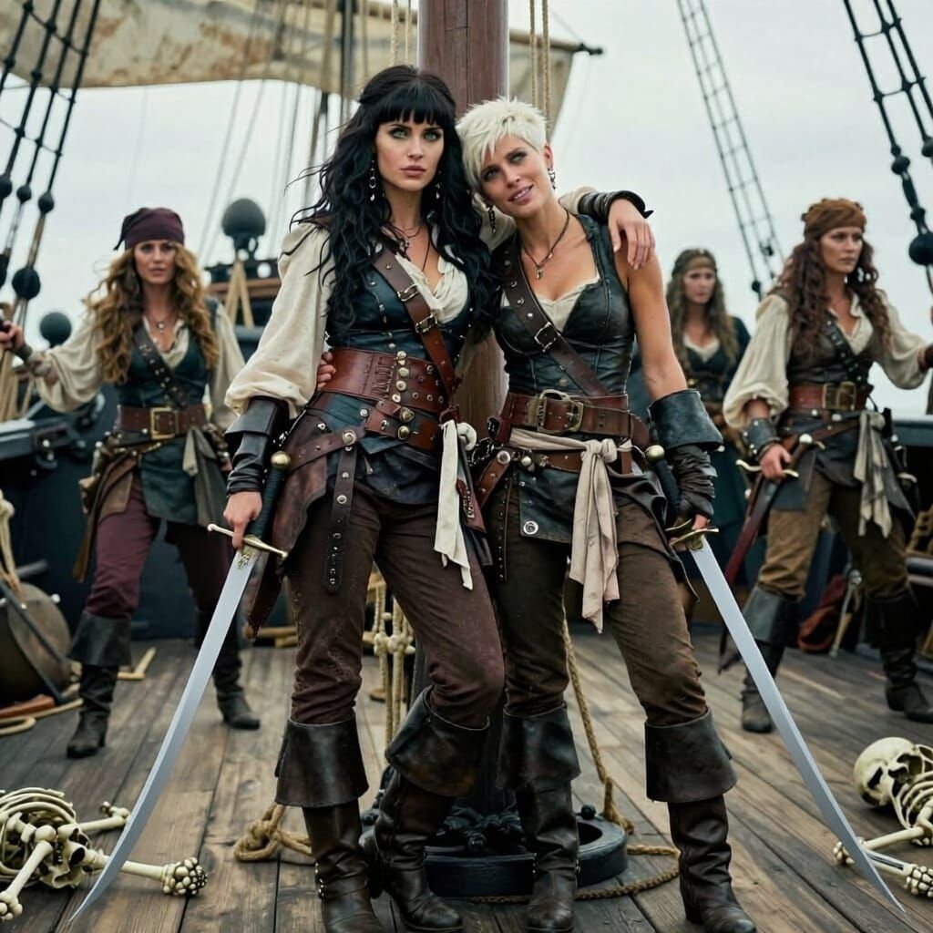 Pirate Women Rest After Battle on Sailing Ship