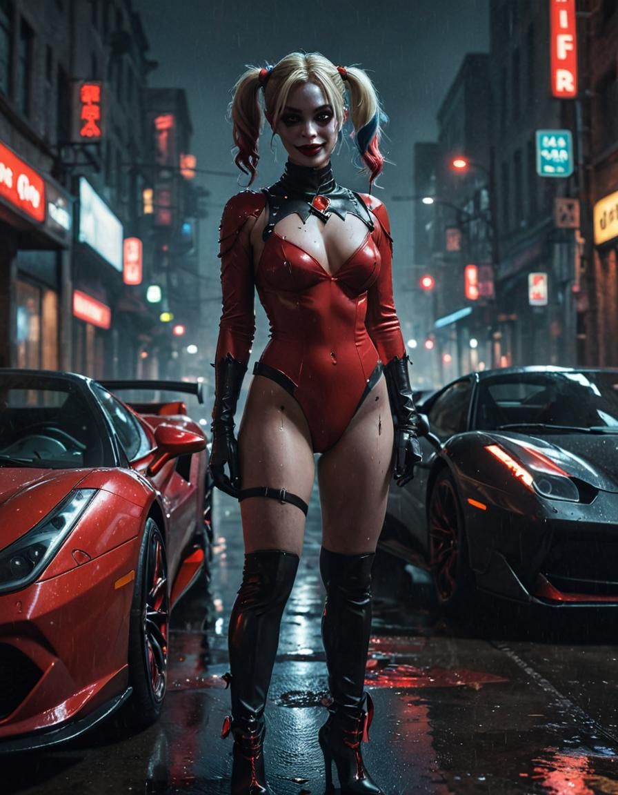 Harley Quinn in Gotham City with Ferrari, as 3D Anime