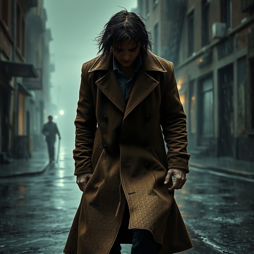 Man in Worn Coat on Rainy Urban Street