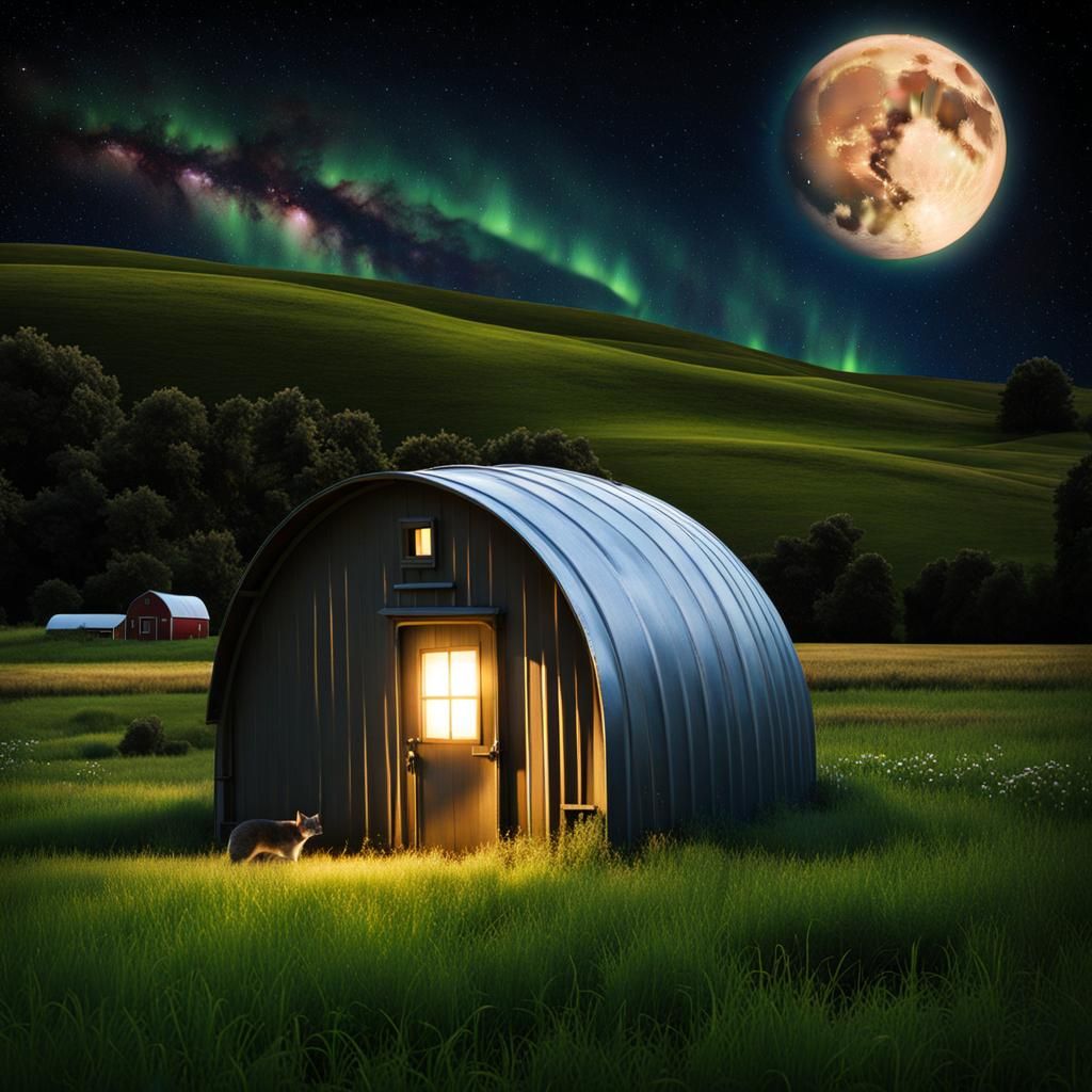 Hyperrealistic Macro Photograph of Farm at Night