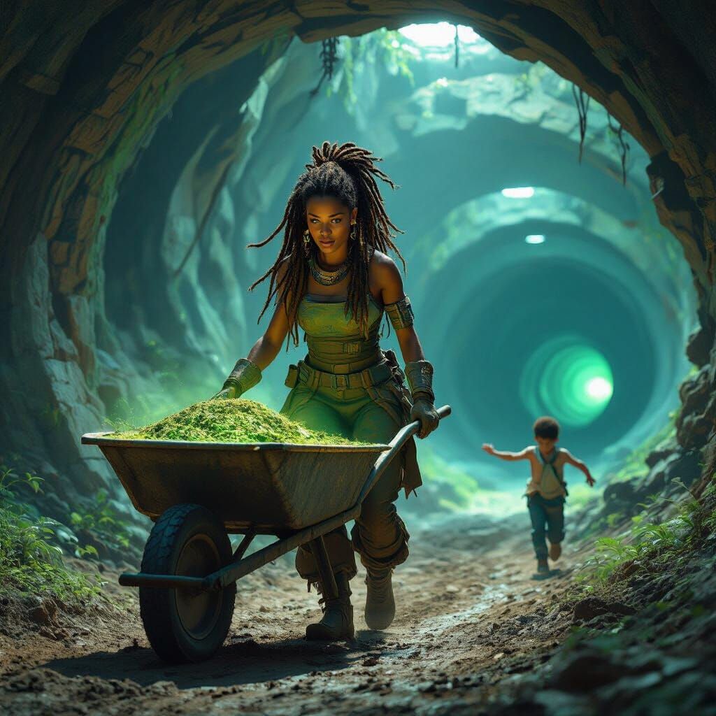 Futuristic Farmer Woman in Bioluminescent Cavern