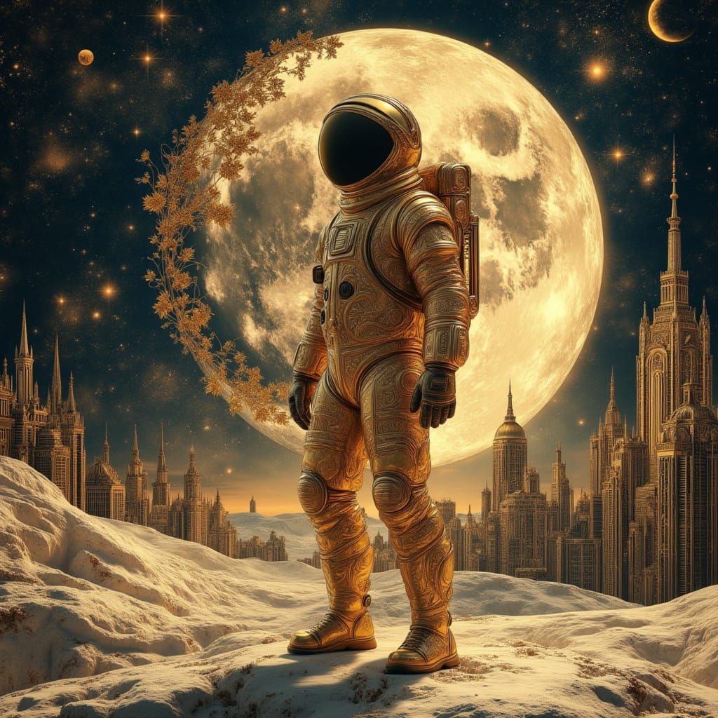 Astronaut Cityscape on Moon with Double Exposure