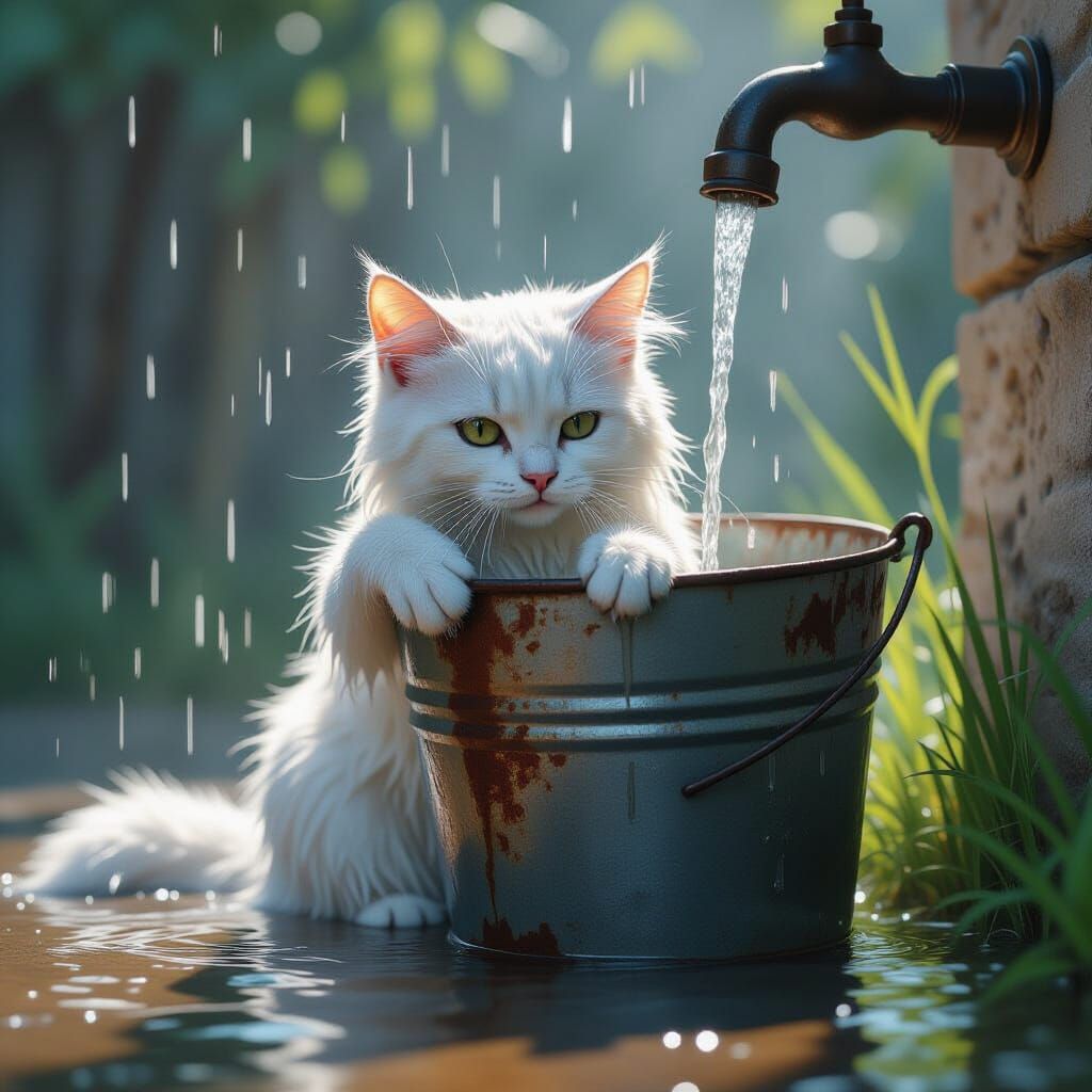 Drenched White Cat Cooling Off in Rusty Bucket