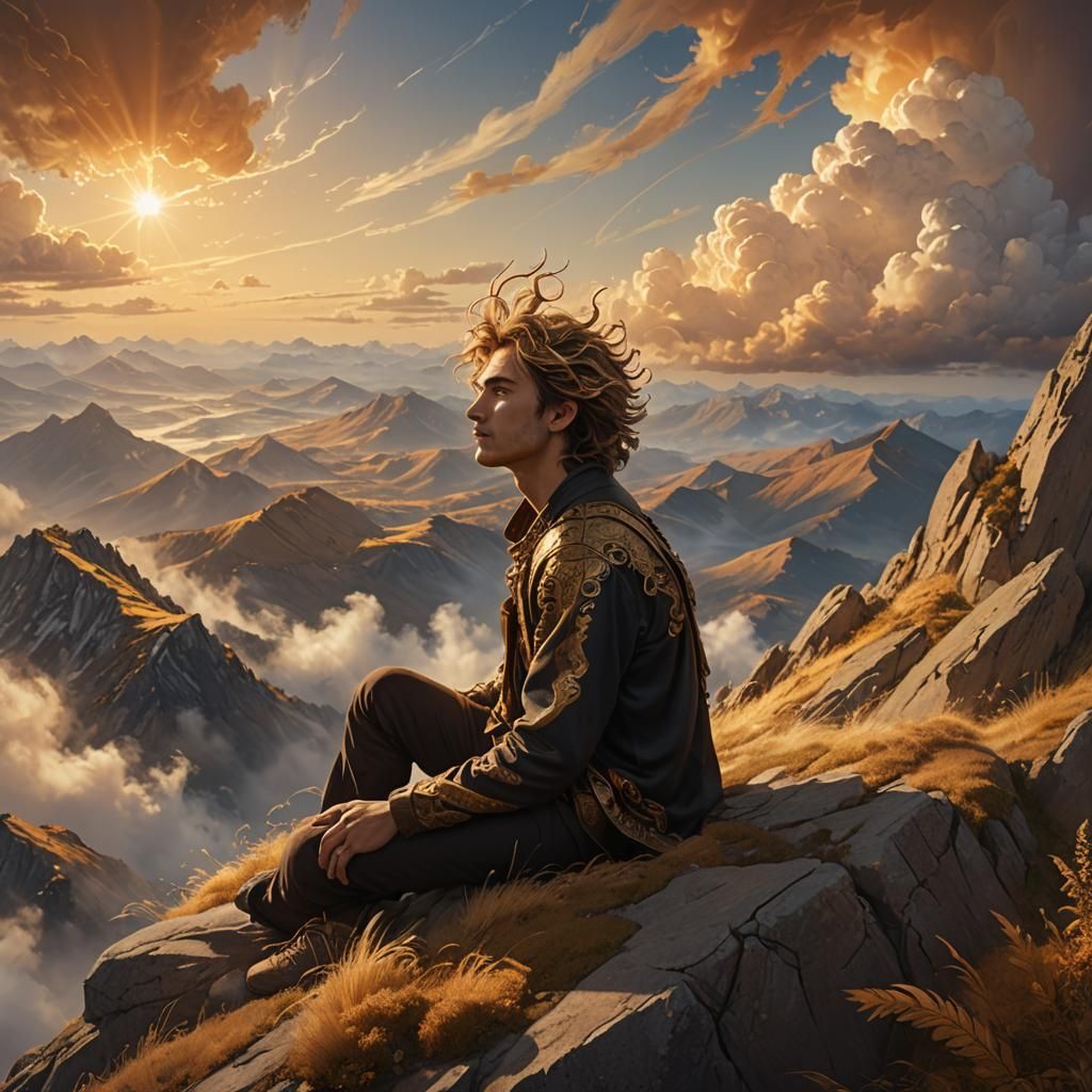 Young Man on Mountain Ridge in Golden Light