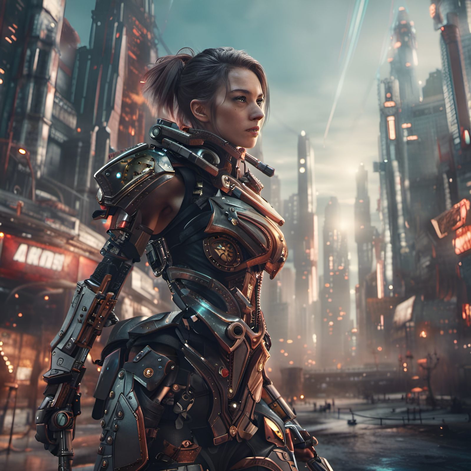 Armored Hunter in Sci-Fi Cityscape