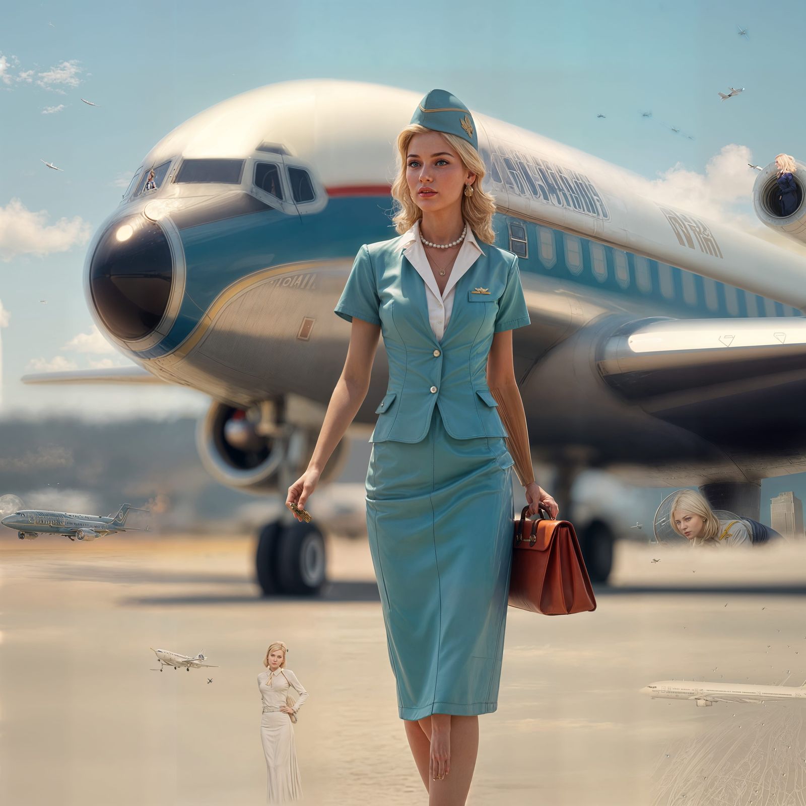 Elegant 1960s Stewardess and Retro Jet, Detailed Painting