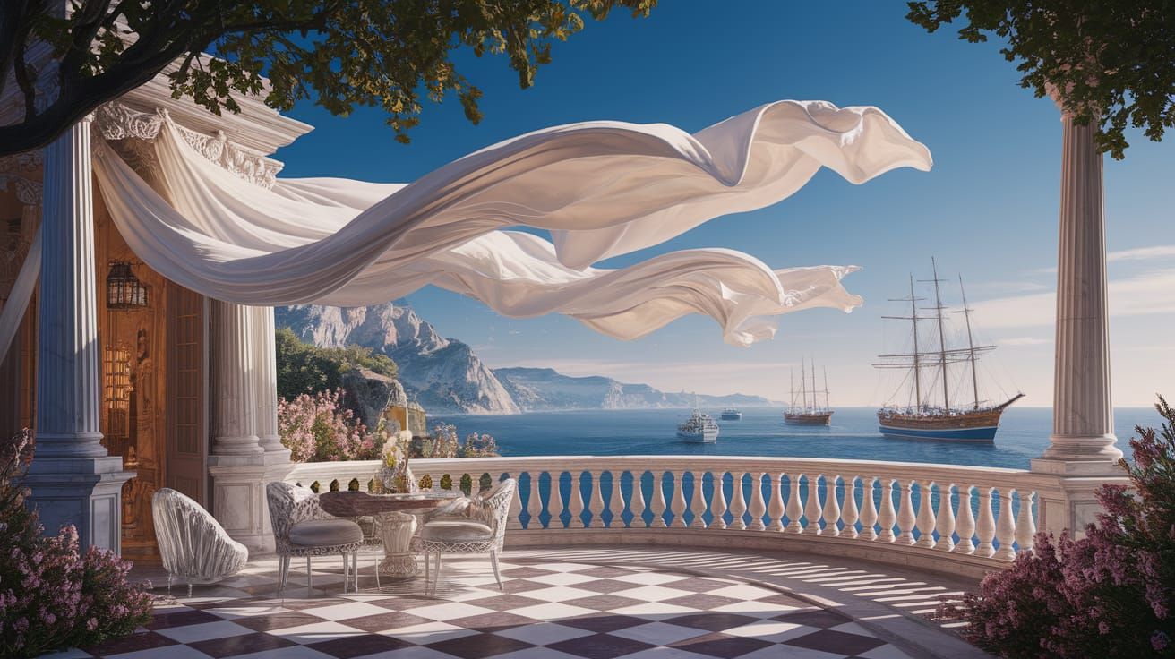 Fantasy Balcony with Sea View and Blowing Sheets