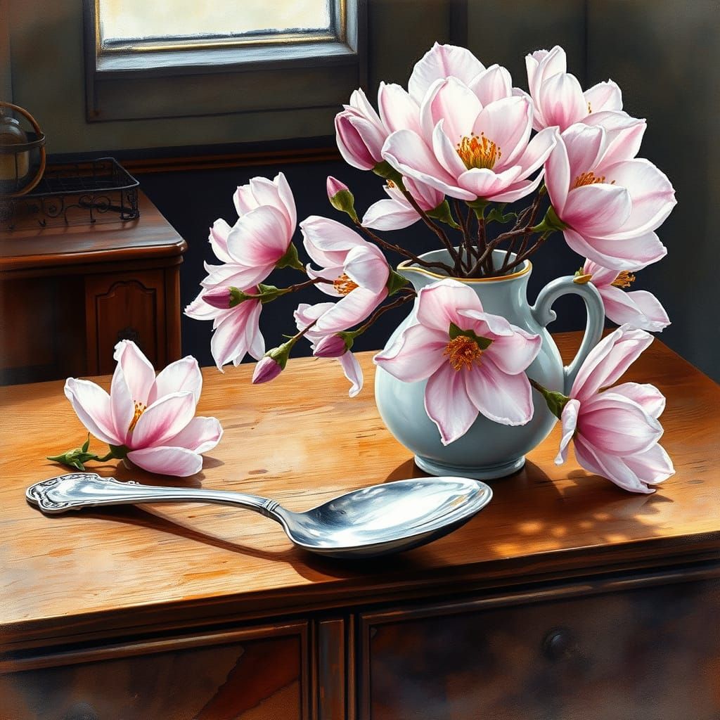 Still Life Painting: Spoon and Magnolias on Desk