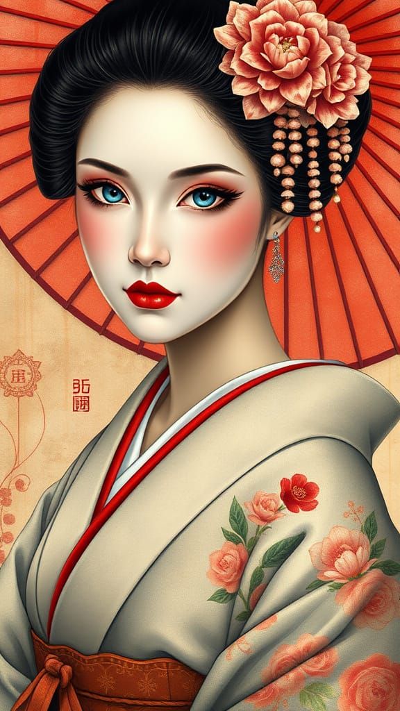 Caucasian Geisha in Japanese Art Style