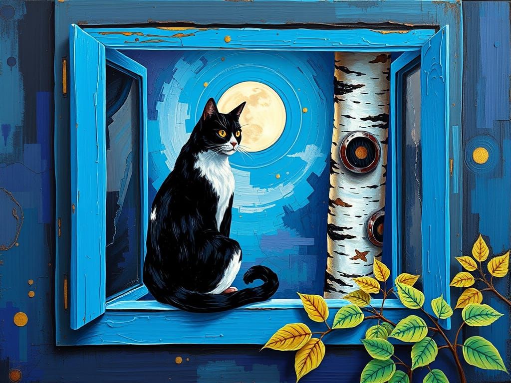 Vibrant Steampunk Cat in a Moonlit Blue Window