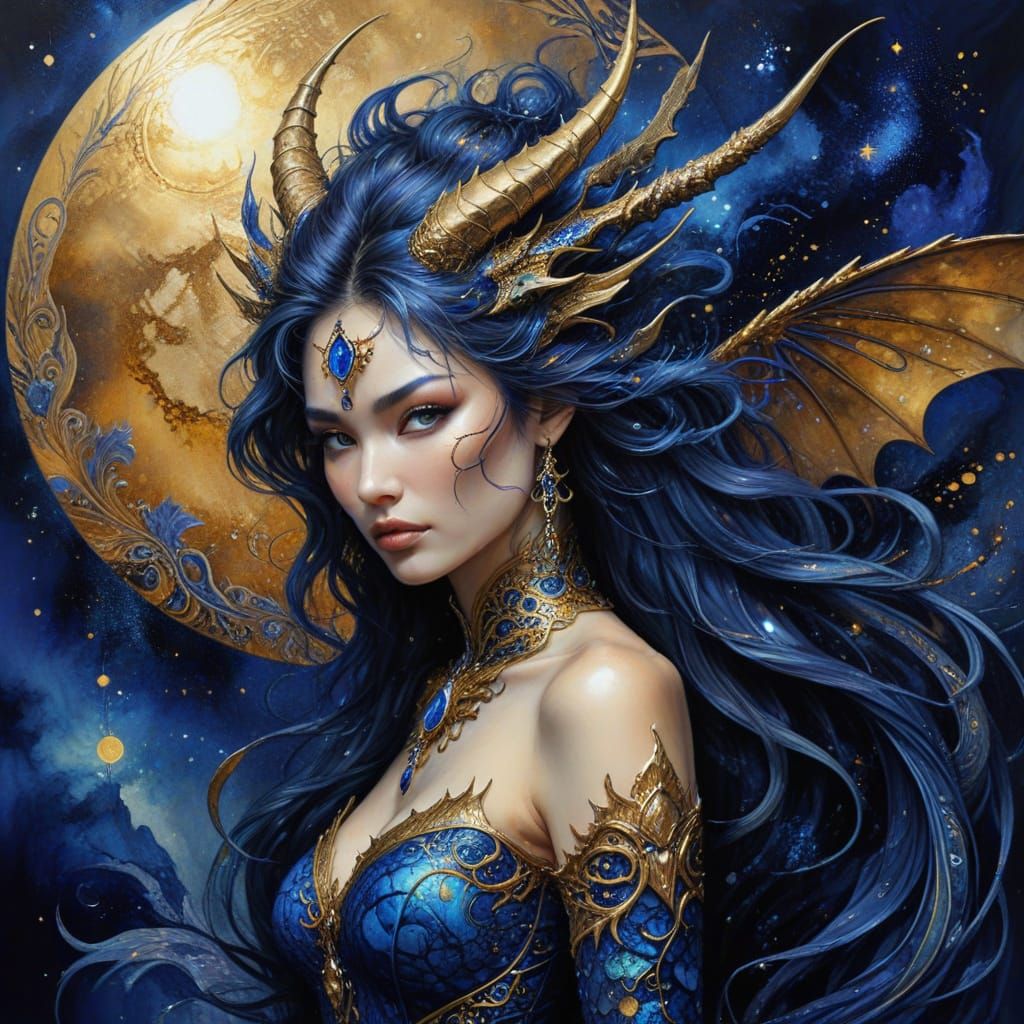 Golden Dragon Goddess in Vibrant Cosmic Landscape