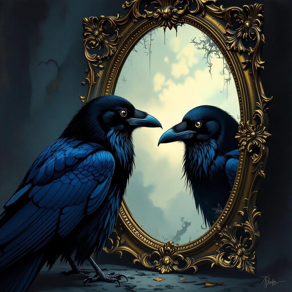 Dark Fantasy Raven Gazes Into Antique Mirror