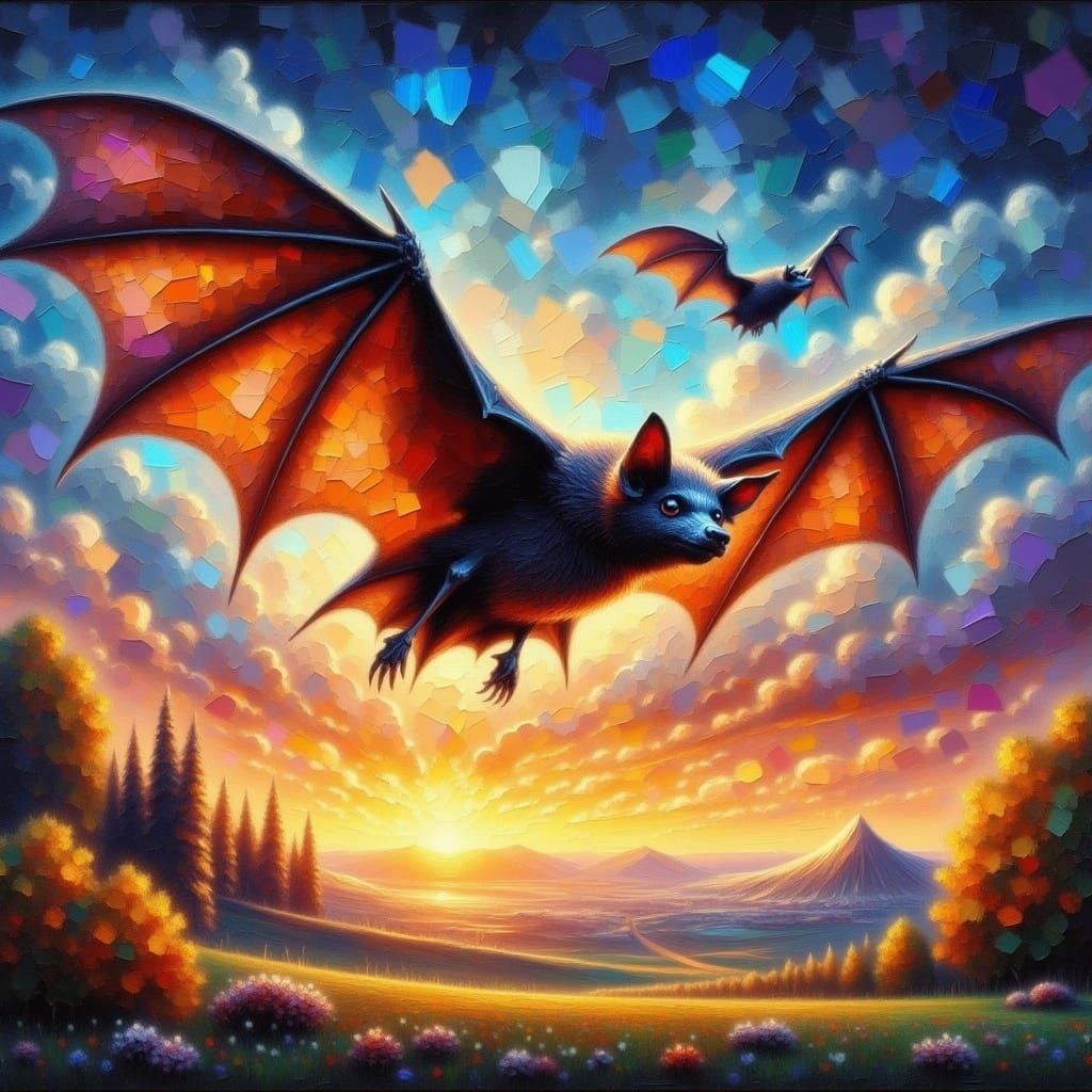 Flying Bat in Vibrant Sunset Impasto Art