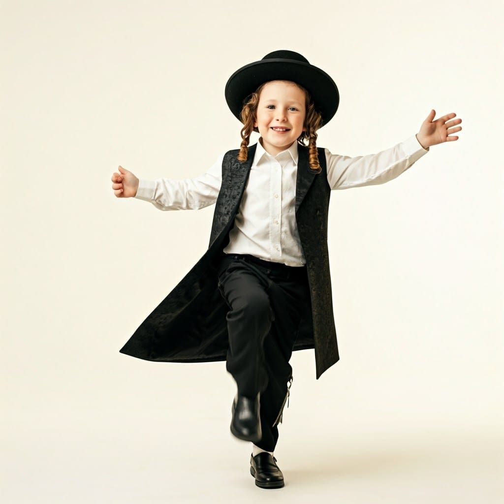 Joyful Hasidic Boy in Traditional Attire Dancing with Elegan...