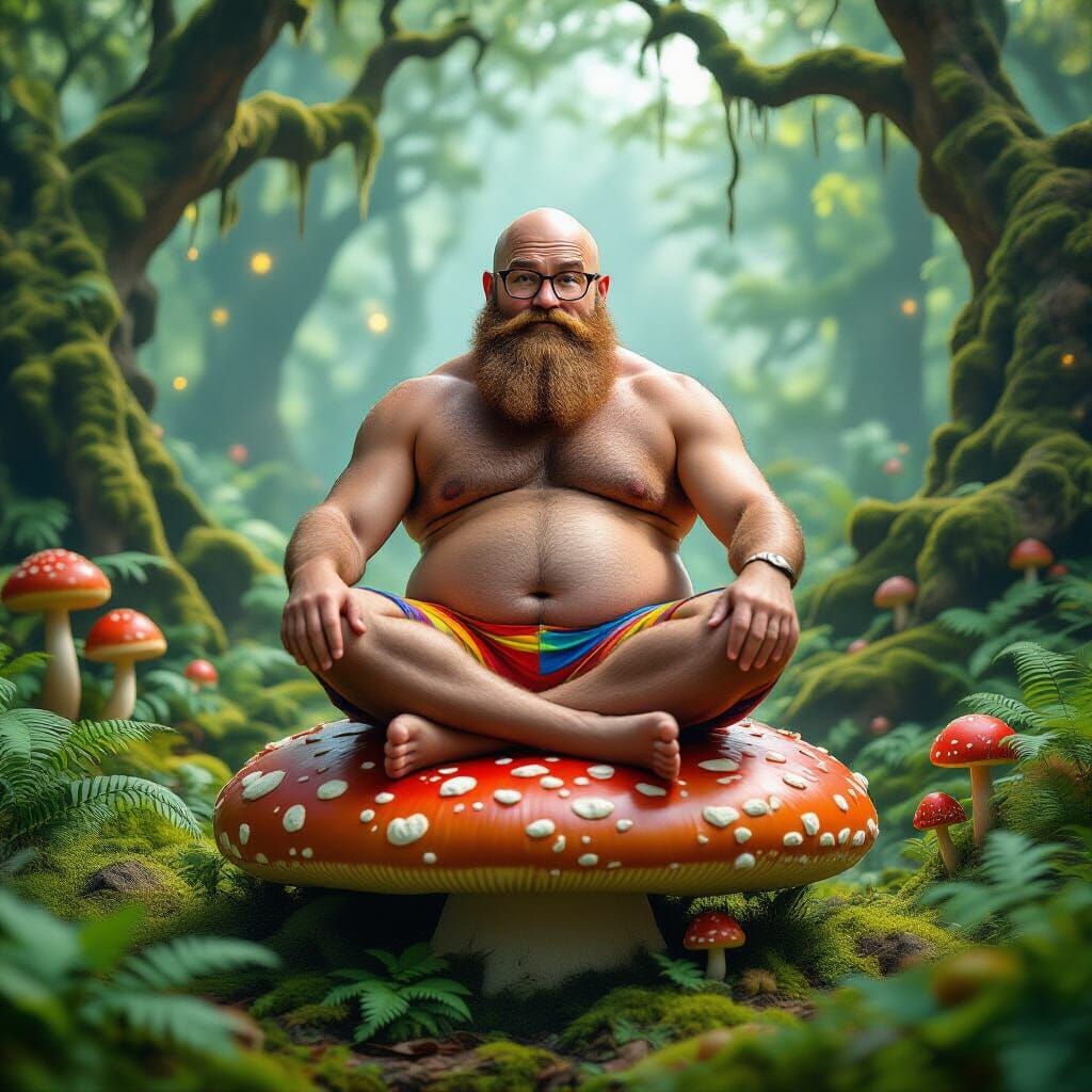 Stocky Bald Man with Beard Sits on Giant Mushroom