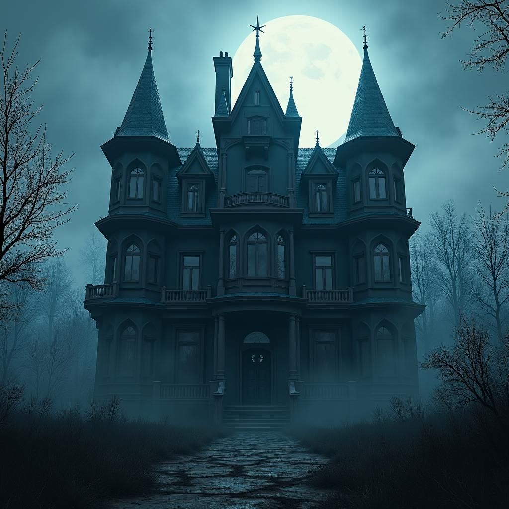 Eerie Abandoned Gothic House in Anime Style