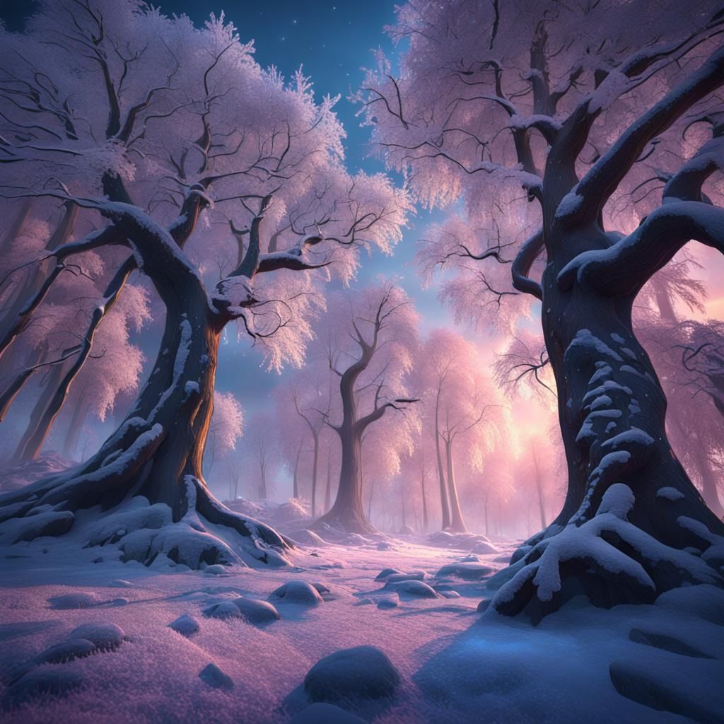 Frosty Winter Park at Night: High-Fantasy Matte Painting