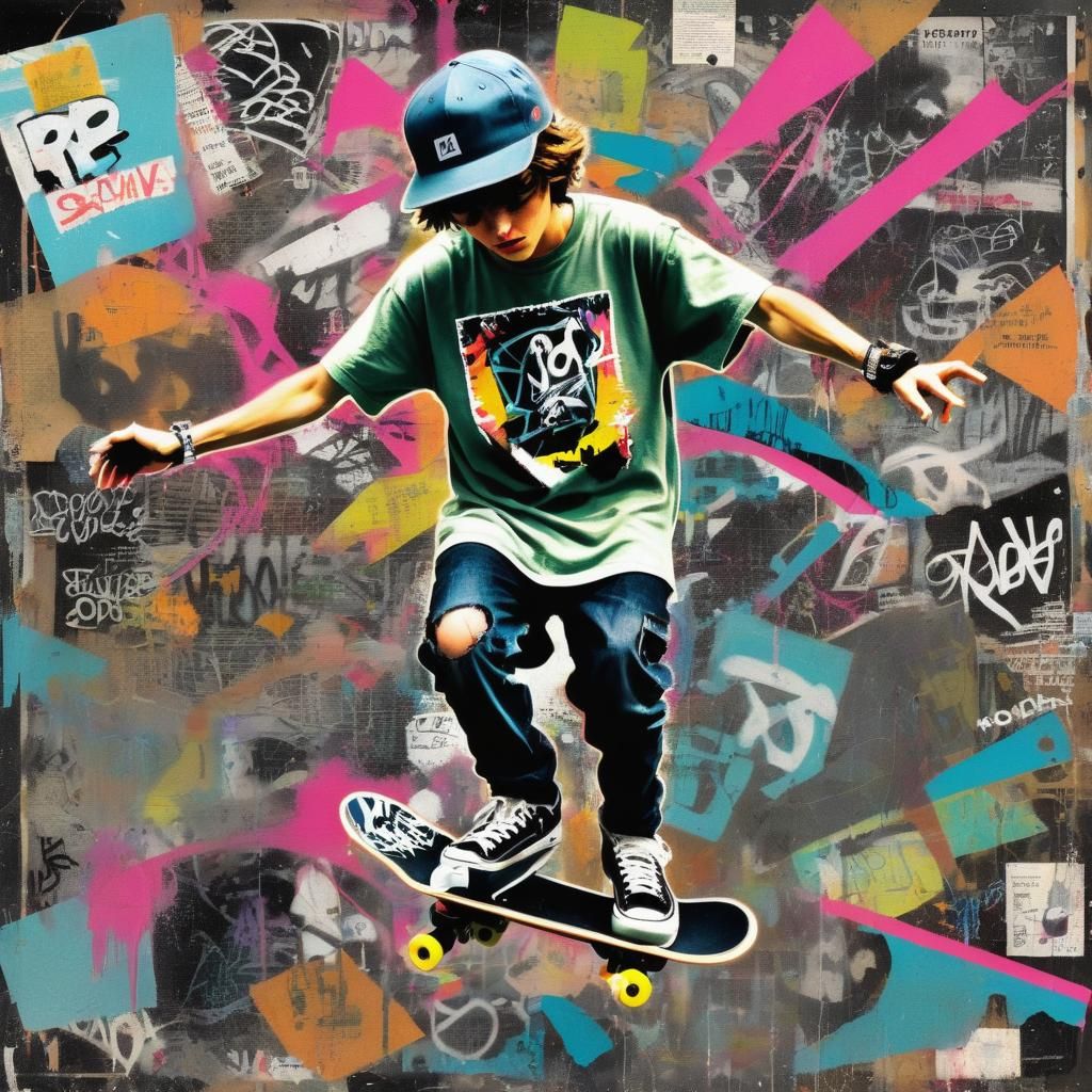 Mixed-media digital collage of torn skate magazine pages, gr...