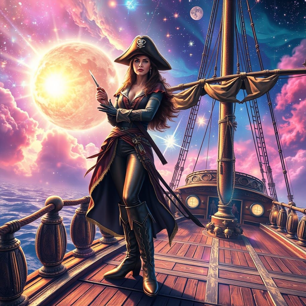 Lady Pirate on a Mystical Ship: Holographic Illustration