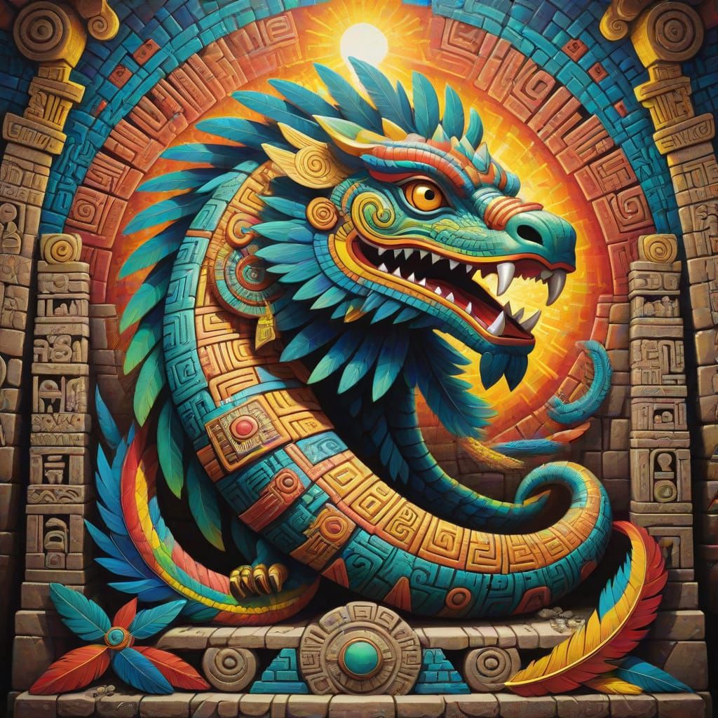 Quetzalcoatl in Mayan Pyramid: Abstract Expressionism