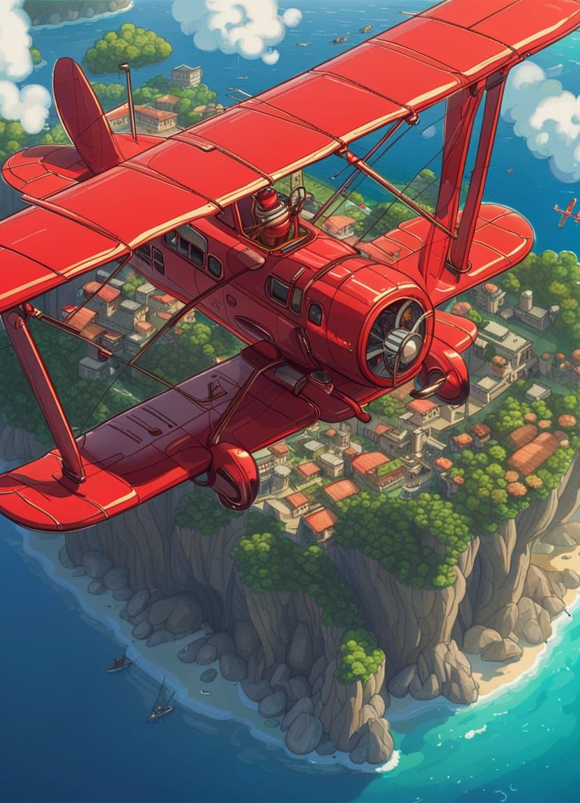 Red Biplane Flies Over Island: Anime Style