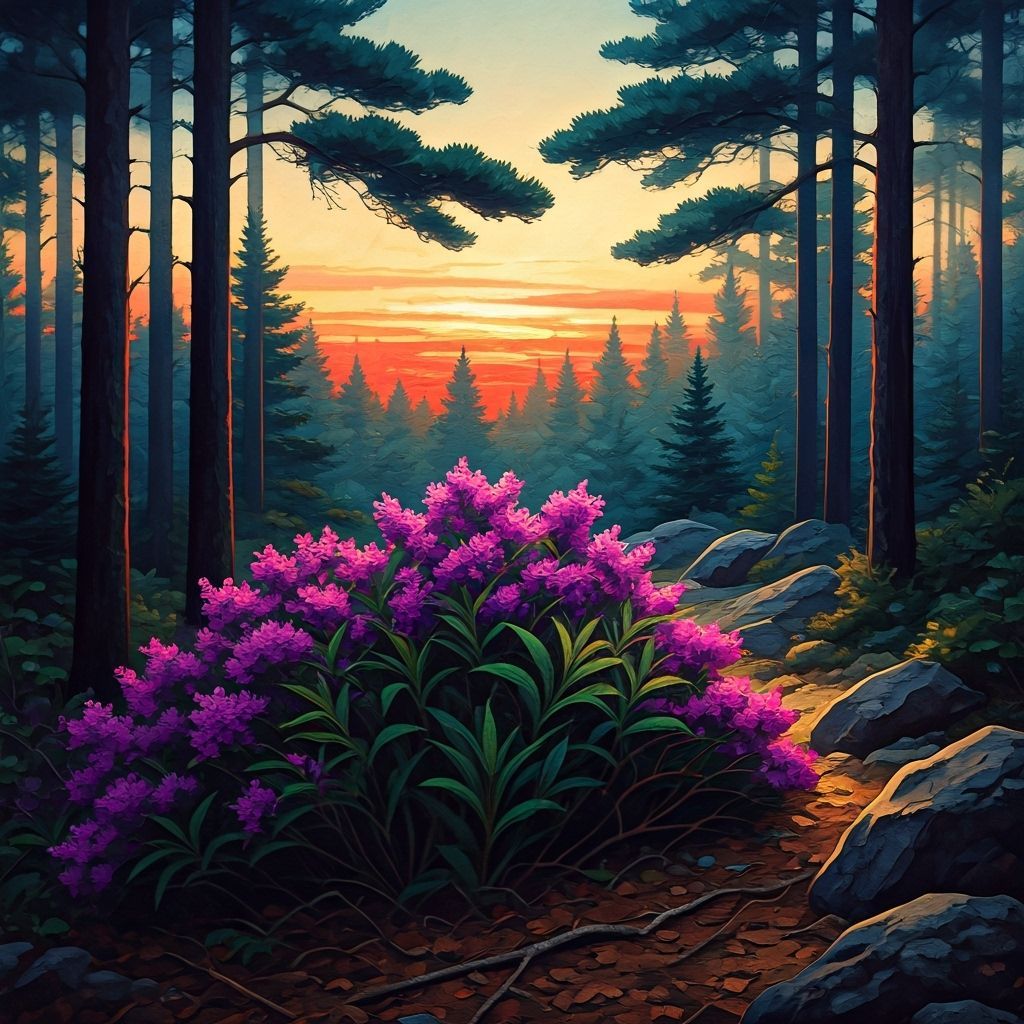 Mystical Forest Sunset with Purple Flowers in Acrylic Fusion...