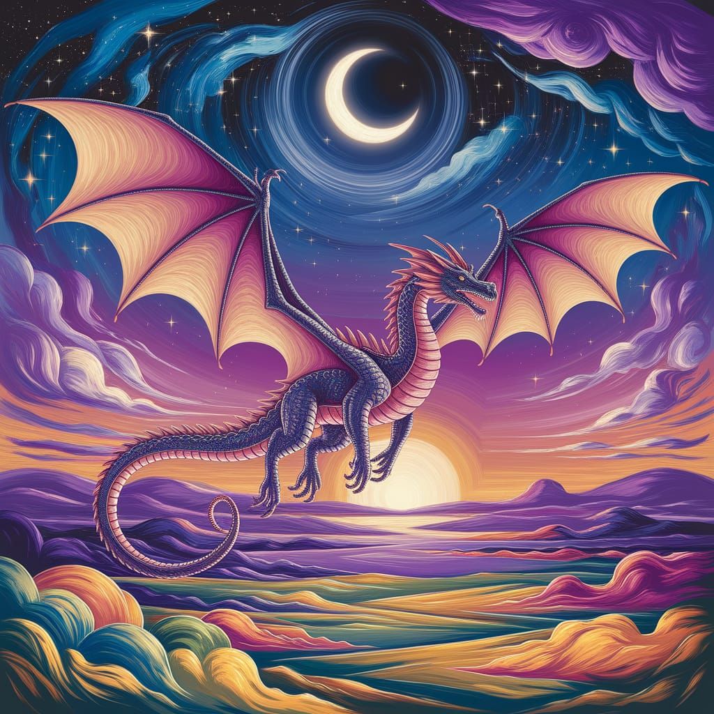 Majestic Dragon Soars Through Impressionistic Starry Night