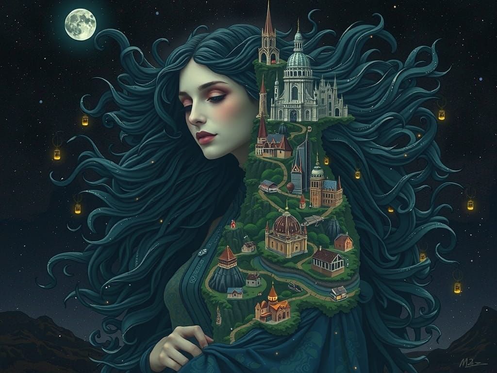 Ethereal Woman Embracing Dreamlike Cities Within Her Hair an...