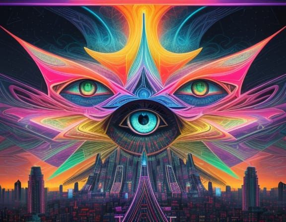 Surrealistic Eyes Radiate from Central Face in Vibrant Geome...