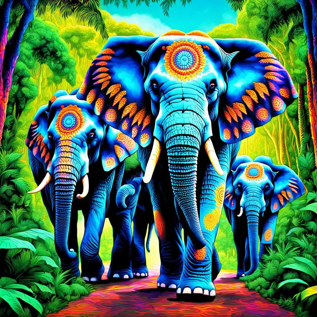 Psychedelic Elephants in a Hyperrealistic Jungle
