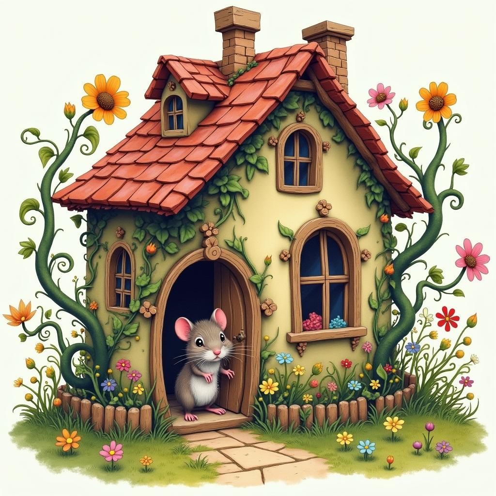 Whimsical House with Mouse, Dreamy Illustration