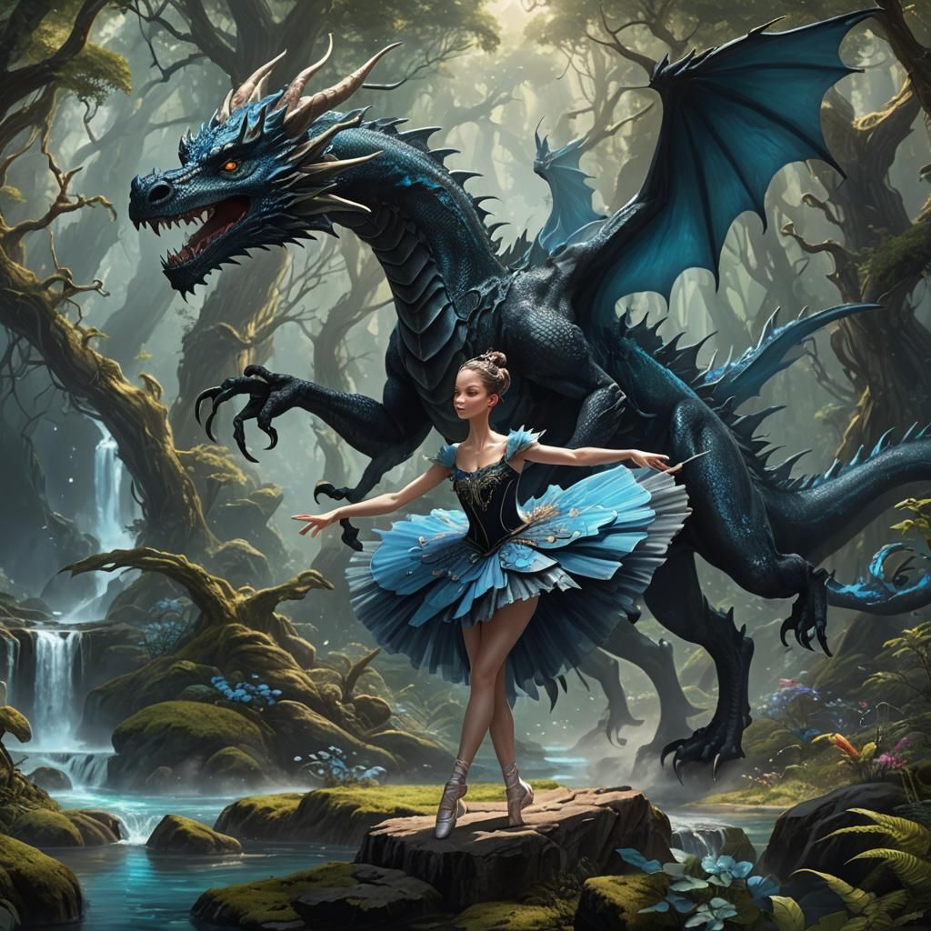 Obsidian Dragon and Ballerina Dance in Azure Forest