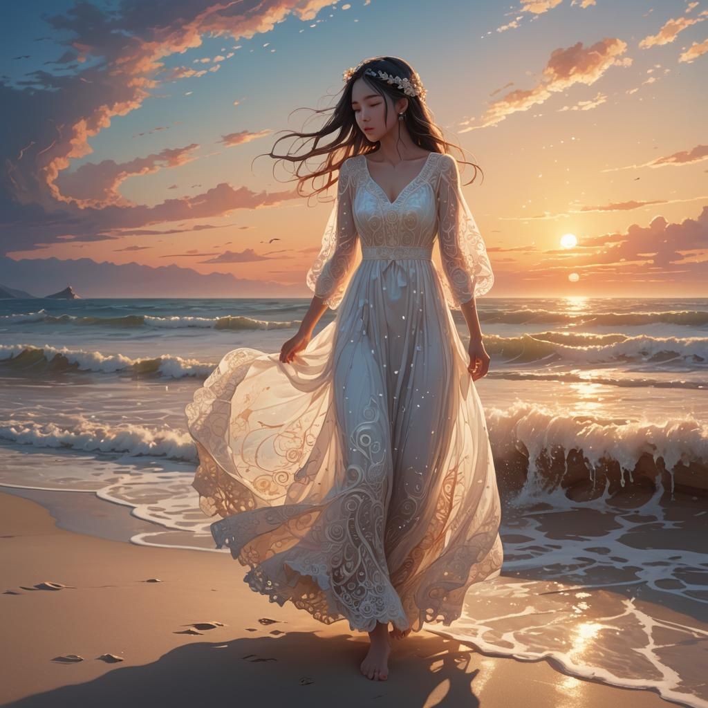 Kawaii Woman and Ghost at Sunset: Fantasy Art