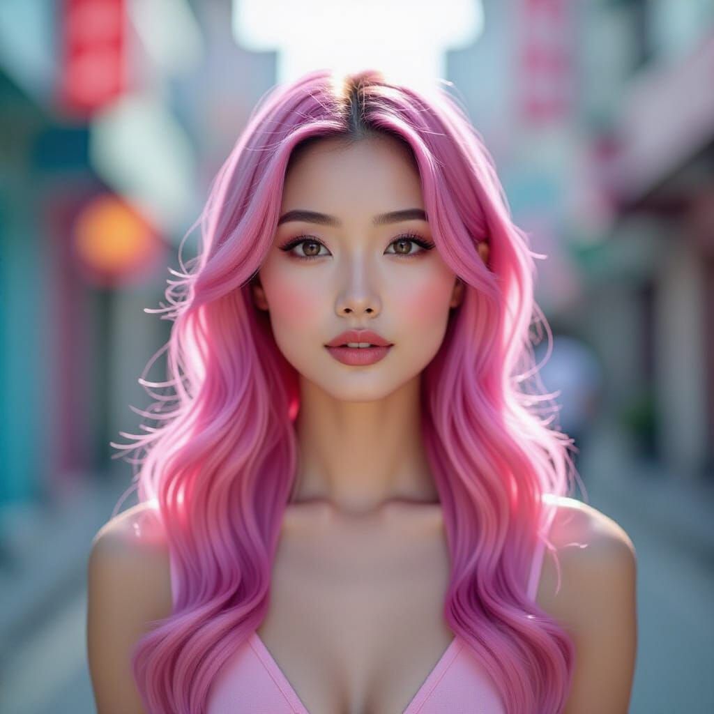 Asian Woman with Pink Hair in Soft Cinematic Light