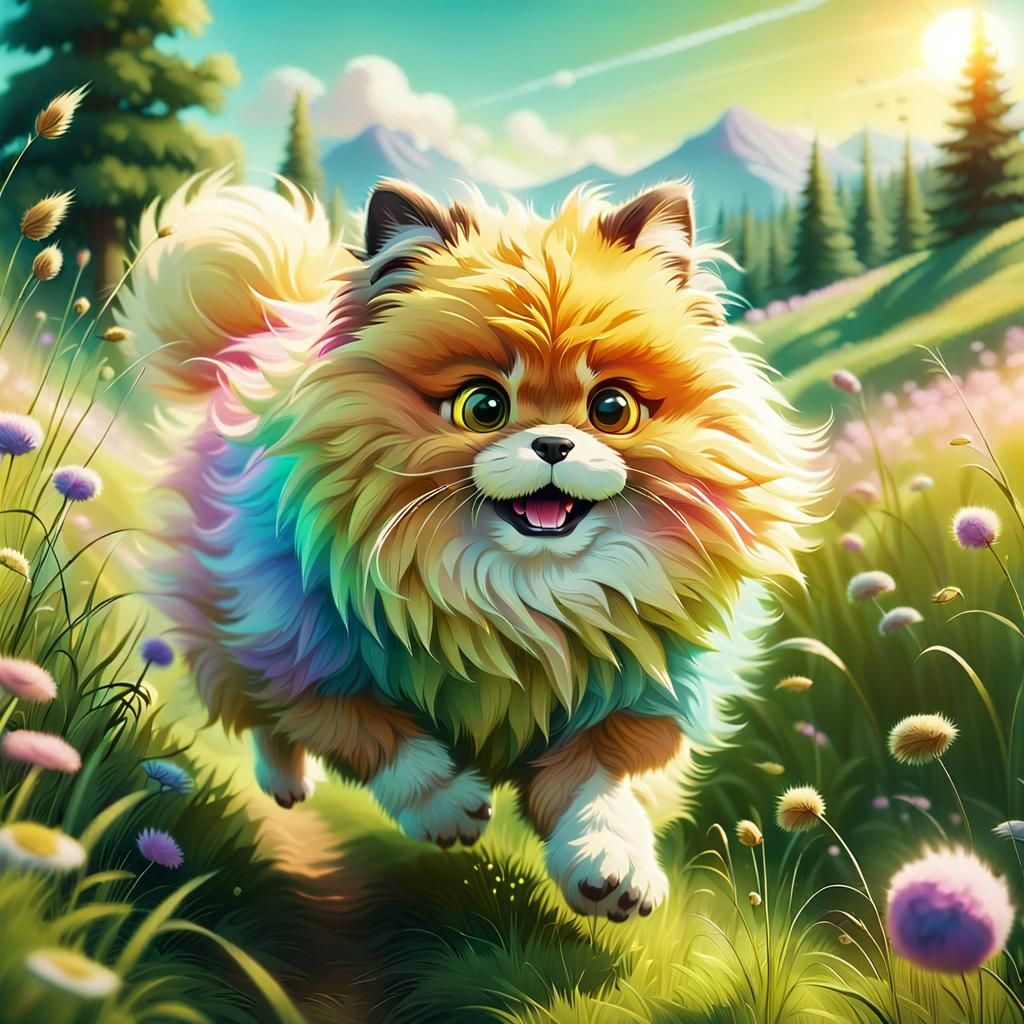 Energetic Furball Hopping in a Dreamy Meadow